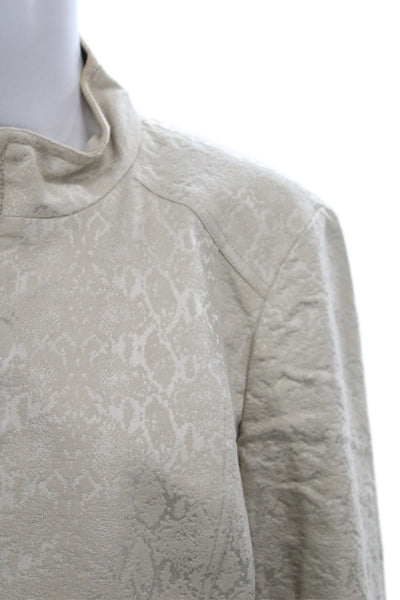 St. John Women Beige Animal Print Mock Neck Button Jacket Long Sleeve Size 14