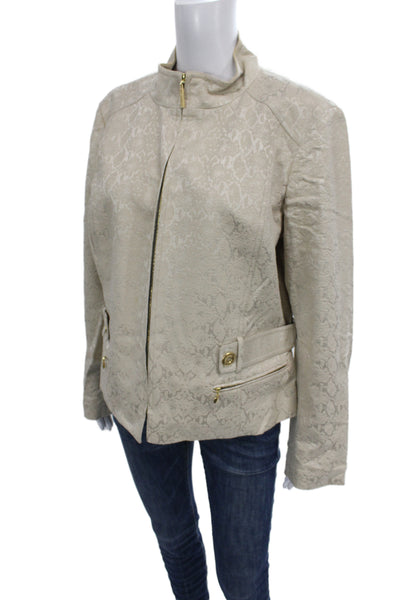 St. John Women Beige Animal Print Mock Neck Button Jacket Long Sleeve Size 14