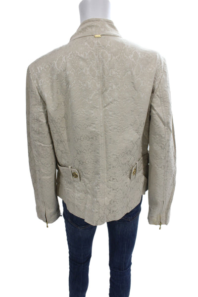 St. John Women Beige Animal Print Mock Neck Button Jacket Long Sleeve Size 14