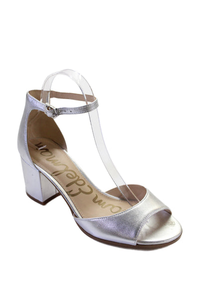 Sam Edelman Womens Leather Ankle Strap Block Heels Shoes Silver Size 7