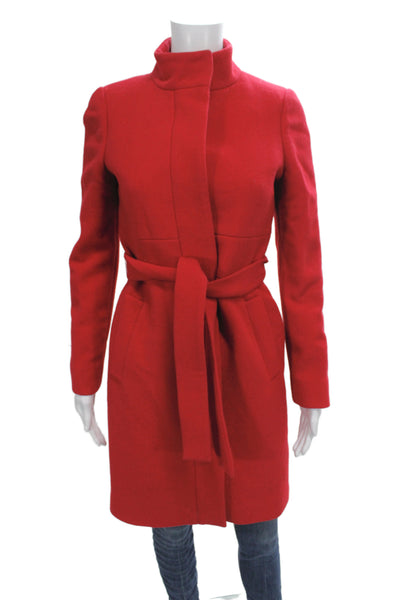 J Crew Womens Red Overcoat High Neck Tie Waist Wool Blend Size 0