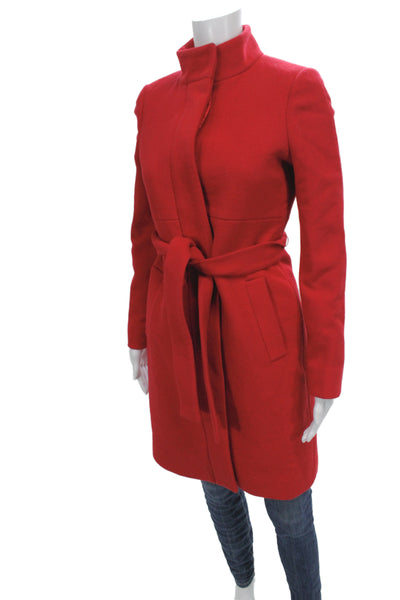 J Crew Womens Red Overcoat High Neck Tie Waist Wool Blend Size 0