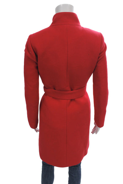 J Crew Womens Red Overcoat High Neck Tie Waist Wool Blend Size 0