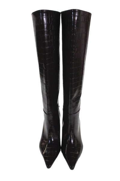 Zara Womens Crocodile Print Knee High Pointed Toe Boots Brown Size 40 10