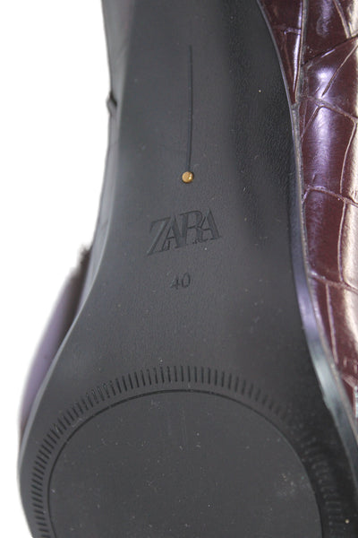 Zara Womens Crocodile Print Knee High Pointed Toe Boots Brown Size 40 10