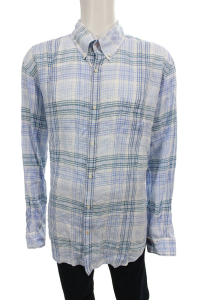 J. Mclaughlin Mens Linen Collar Plaid Long Sleeve Button Down Shirt Blue Size L