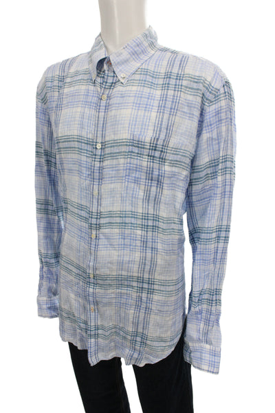 J. Mclaughlin Mens Linen Collar Plaid Long Sleeve Button Down Shirt Blue Size L