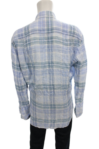 J. Mclaughlin Mens Linen Collar Plaid Long Sleeve Button Down Shirt Blue Size L
