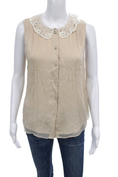 Alice + Olivia Womens Beige Silk Collared Sleeveless Boho Blouse Size XS