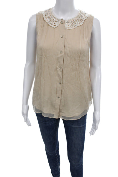 Alice + Olivia Womens Beige Silk Collared Sleeveless Boho Blouse Size XS