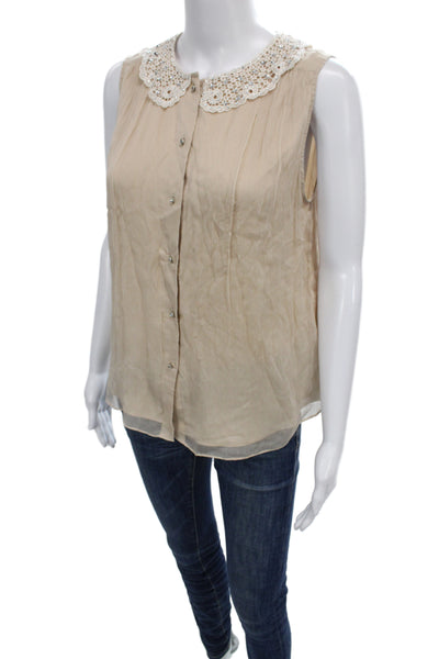 Alice + Olivia Womens Beige Silk Collared Sleeveless Boho Blouse Size XS