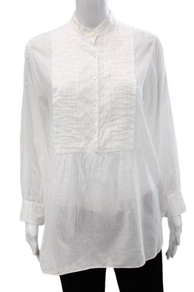 Nili Lotan Women Tunic Blouse White Cotton High Neck Button Long Sleeve Size L
