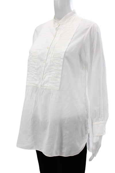 Nili Lotan Women Tunic Blouse White Cotton High Neck Button Long Sleeve Size L