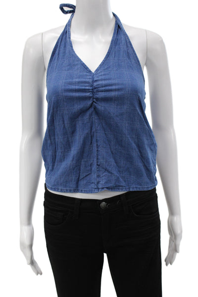LNA Womens Cropped Blue Cotton Check V-Neck Sleeveless Tank Tie Size XS