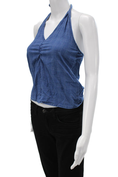 LNA Womens Cropped Blue Cotton Check V-Neck Sleeveless Tank Tie Size XS