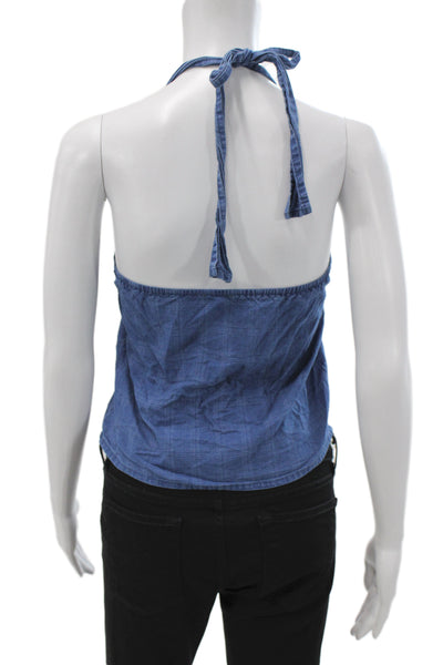 LNA Womens Cropped Blue Cotton Check V-Neck Sleeveless Tank Tie Size XS