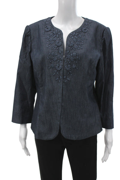 Dana Buchman Womens Dark Blue Floral Button Long Sleeve Jacket Size 14P