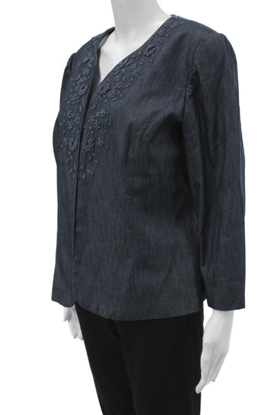 Dana Buchman Womens Dark Blue Floral Button Long Sleeve Jacket Size 14P