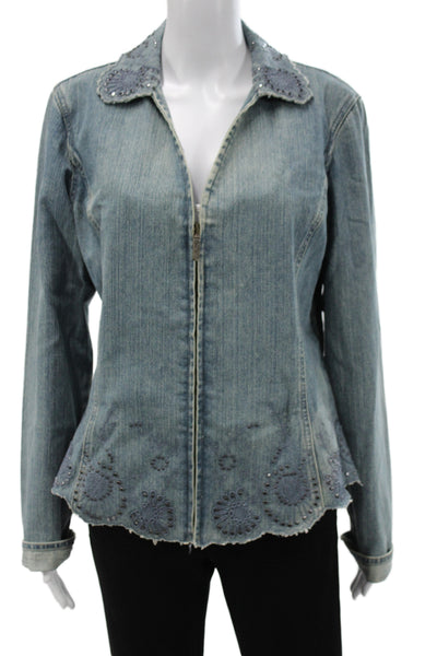 Dana Buchman Women Blue Paisley Cotton Collared Zip Jacket Size 12