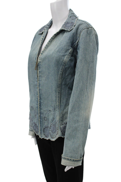 Dana Buchman Women Blue Paisley Cotton Collared Zip Jacket Size 12