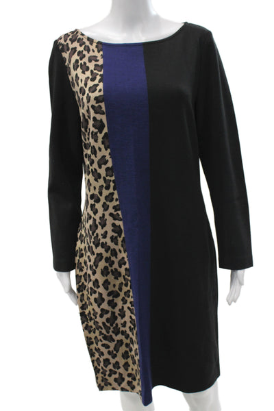 St. John Women Shift Dress Black Leopard Round Neck Long Sleeve Zip Size 14