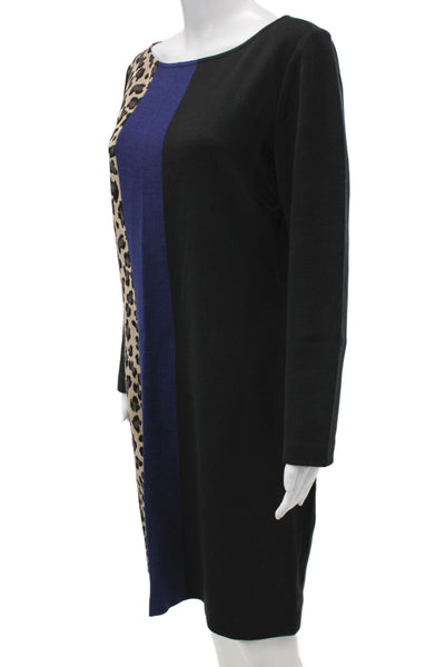 St. John Women Shift Dress Black Leopard Round Neck Long Sleeve Zip Size 14