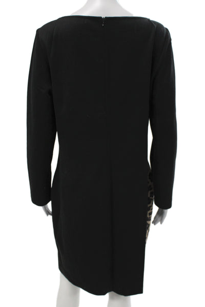 St. John Women Shift Dress Black Leopard Round Neck Long Sleeve Zip Size 14