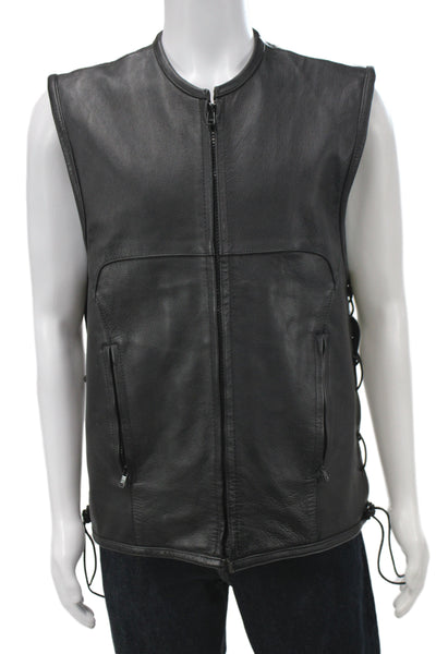 Unik Premium Mens Biker Genuine Leather Vest Black Zip Size XL