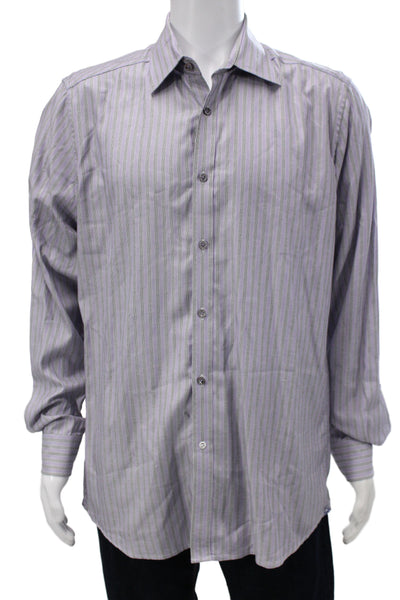 Robert Graham Mens Striped Purple Point Collar Dress Shirt Long Sleeve Size 17