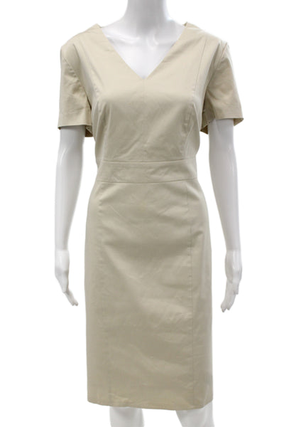 BOSS Women Sheath Pencil Dress Beige V-Neck Short Sleeve Zip Cotton Size 12