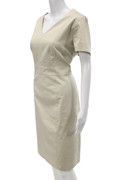 BOSS Women Sheath Pencil Dress Beige V-Neck Short Sleeve Zip Cotton Size 12