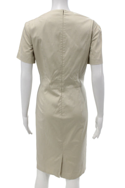 BOSS Women Sheath Pencil Dress Beige V-Neck Short Sleeve Zip Cotton Size 12