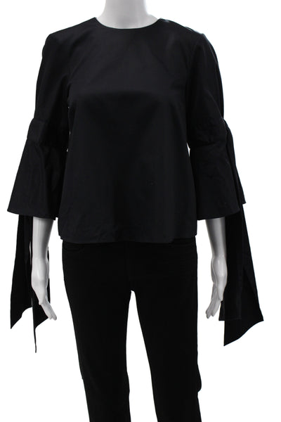 Prose & Poetry Womens Solid Black Round Neck Tie Long Sleeve Blouse Size XS