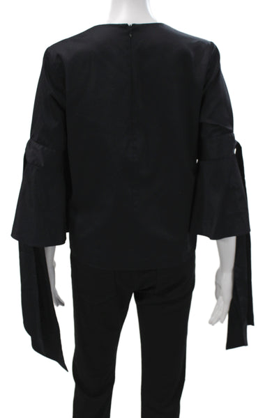 Prose & Poetry Womens Solid Black Round Neck Tie Long Sleeve Blouse Size XS