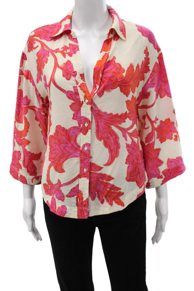 MNG Women Beige Floral Collared 3/4 Sleeve Button Blouse Petite Size S