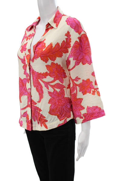 MNG Women Beige Floral Collared 3/4 Sleeve Button Blouse Petite Size S