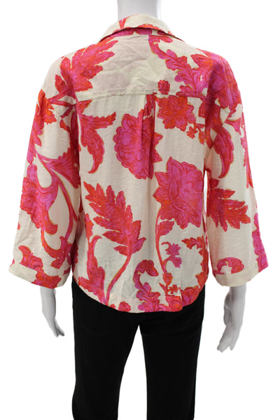 MNG Women Beige Floral Collared 3/4 Sleeve Button Blouse Petite Size S