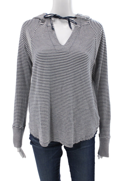 Splendid Women Pullover Hoodies Blue V-Neck Striped Drawstring Size L