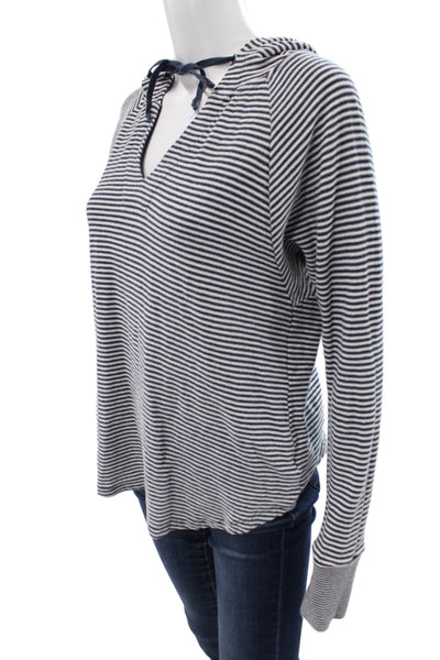 Splendid Women Pullover Hoodies Blue V-Neck Striped Drawstring Size L