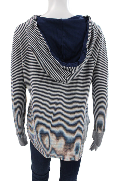 Splendid Women Pullover Hoodies Blue V-Neck Striped Drawstring Size L