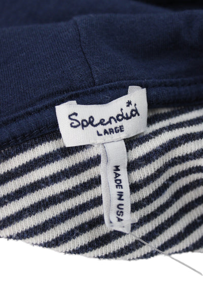 Splendid Women Pullover Hoodies Blue V-Neck Striped Drawstring Size L