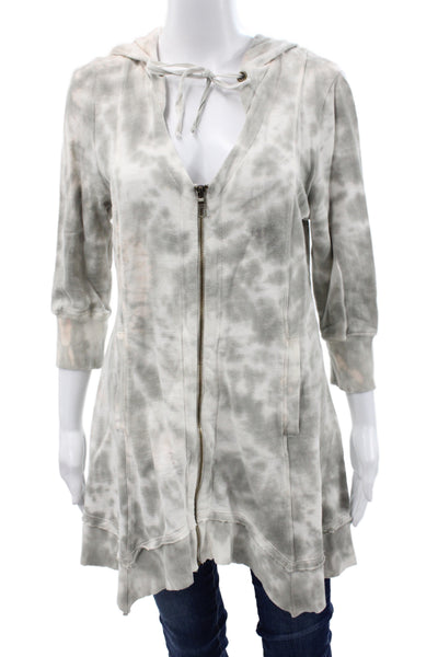 XCVI Women Full Zip Hoodie Gray Cotton V-Neck 3/4 Sleeve Drawstring Boho Size M
