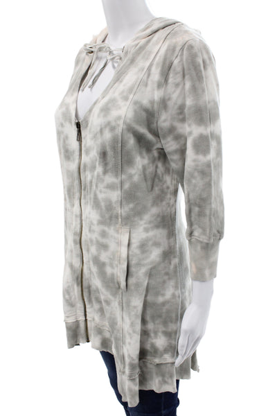 XCVI Women Full Zip Hoodie Gray Cotton V-Neck 3/4 Sleeve Drawstring Boho Size M