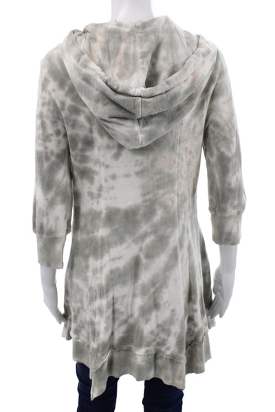 XCVI Women Full Zip Hoodie Gray Cotton V-Neck 3/4 Sleeve Drawstring Boho Size M