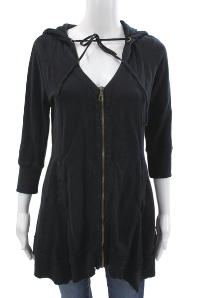 XCVI Women Full-Zip Hoodie Black Cotton Polyester 3/4 Sleeve Size M