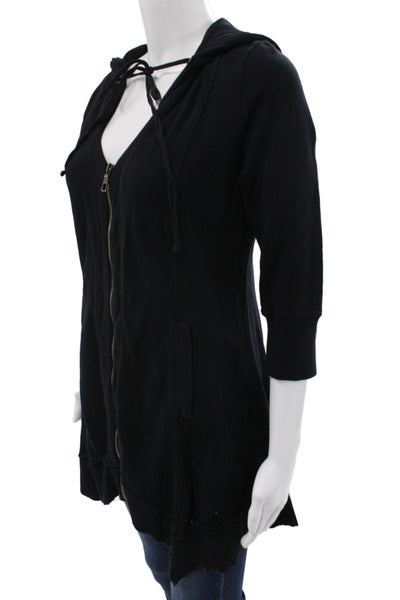 XCVI Women Full-Zip Hoodie Black Cotton Polyester 3/4 Sleeve Size M
