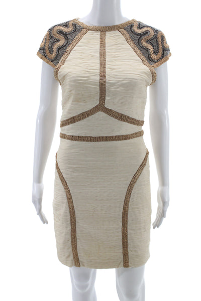 Rachel Gilbert Women Bodycon Mini Dress Beige Crew Neck Hook Eye Size 1