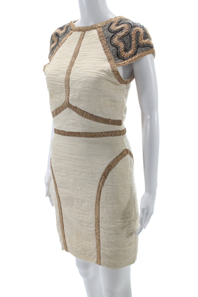 Rachel Gilbert Women Bodycon Mini Dress Beige Crew Neck Hook Eye Size 1