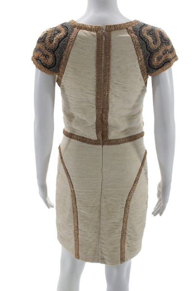 Rachel Gilbert Women Bodycon Mini Dress Beige Crew Neck Hook Eye Size 1