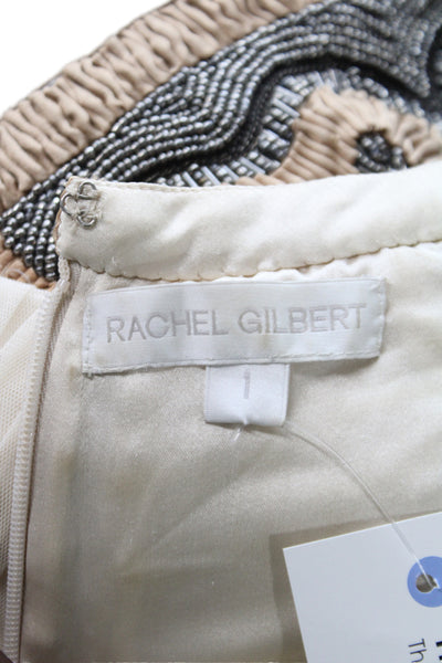 Rachel Gilbert Women Bodycon Mini Dress Beige Crew Neck Hook Eye Size 1